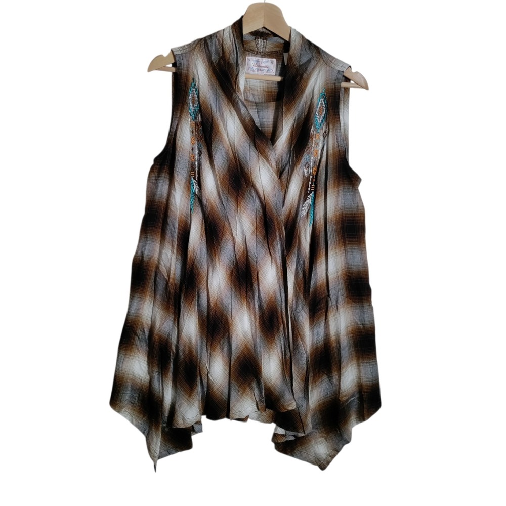 Panhandle Woman's Brown Plaid Open Front‎ Vest Size Large